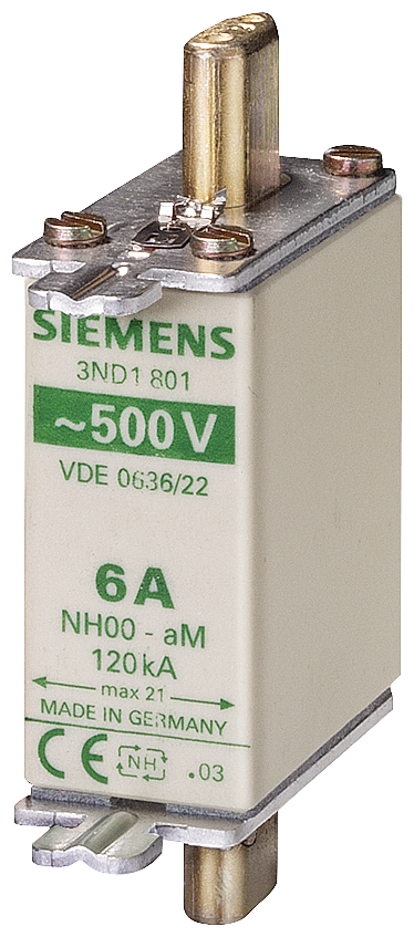 3ND1801 Cartucho de fusibles NH, NH000, In: 6 A, aM, Un AC: 500 V, indicador frontal