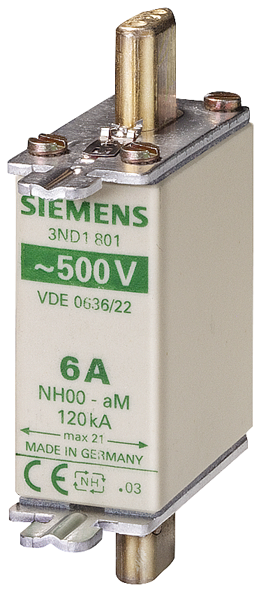3ND1803 Cartucho de fusibles NH, NH000, In: 10 A, aM, Un AC: 500 V, indicador frontal