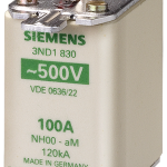 3ND1830 Fusible NH000 100A aM 500V AC orejetas energizadas