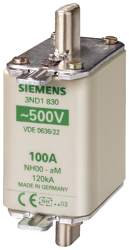 3ND1830 Fusible NH000 100A aM 500V AC orejetas energizadas