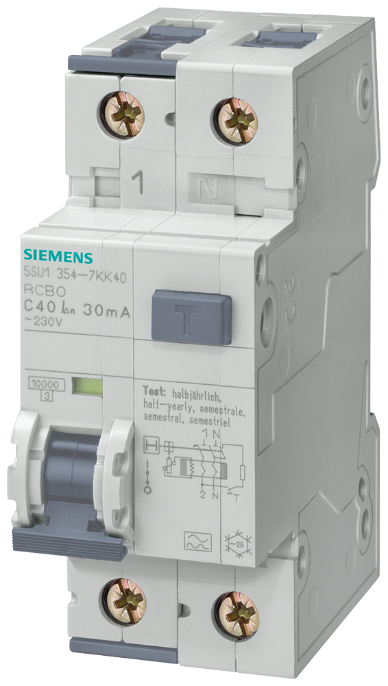 5SU1354-6KK13 Interruptor dif./aut., 10 kA, 1 polo+N, tipo A, 30 mA, curva B, In: 13 A, Un AC: