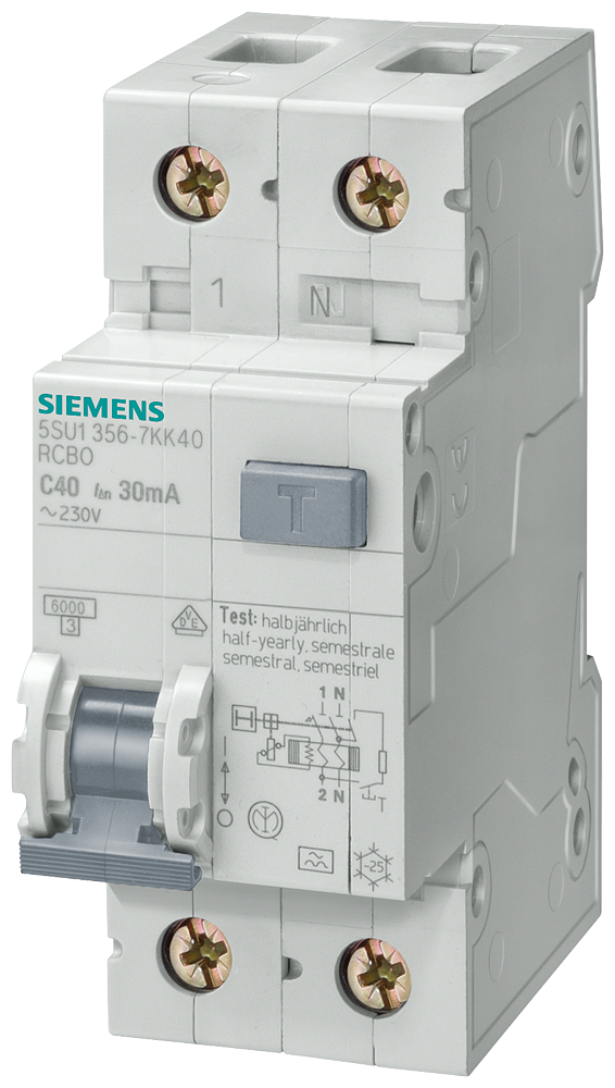 5SU1353-7KK06 Interruptor dif./aut., 4,5 kA, 1 polo+N, tipo A, 30 mA, curva C, In: 6 A, Un AC: