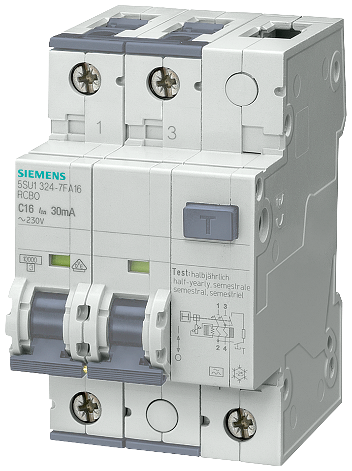 5SU1324-7FA20 Interruptor dif./aut., 10 kA, 2 polos, tipo A, 30 mA, curva C, In: 20 A, Un AC: 