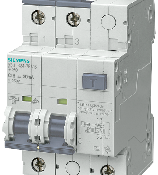 5SU1324-6FA06 Interruptor dif./aut., 10 kA, 2 polos, tipo A, 30 mA, curva B, In: 6 A, Un AC: 2