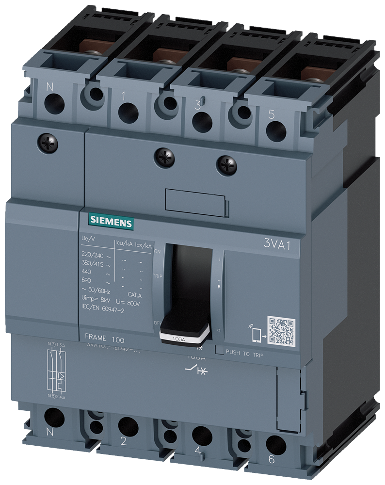 3VA1010-3ED42-0AA0 Interruptor automático 3VA1 IEC, Frame 100, clase de poder de corte N, Icu = 25 