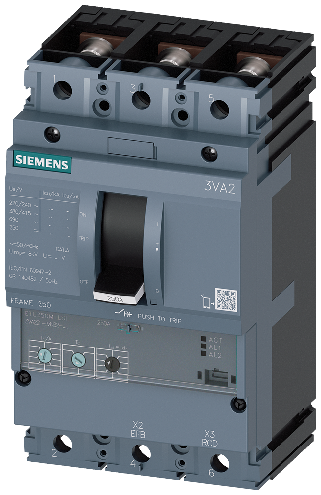 3VA2216-7MN32-0AA0 Interruptor automático 3VA2 IEC Frame 250 Clase de poder de corte C Icu=110 kA @
