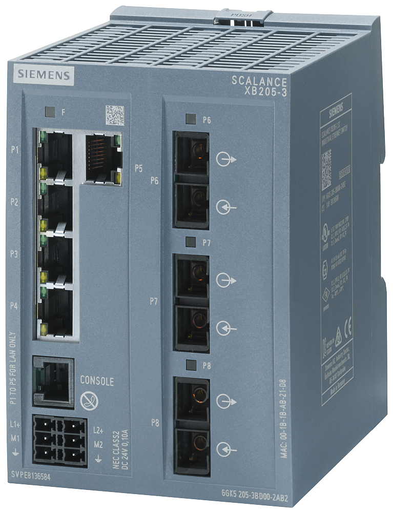 6GK5205-3BD00-2AB2 SCALANCE XB205-3 manageable Layer 2 IE Switch, 5 puertos RJ45 10/100 Mbits/s, 3 