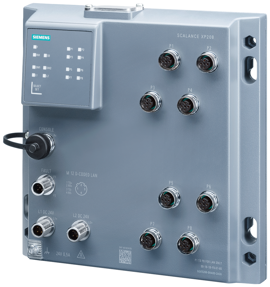 6GK5208-0HA00-2TS6 SCALANCE XP208 (EIP), managed IE Switch, 8x 10/100 Mbits/s puertos M12, IP65, di