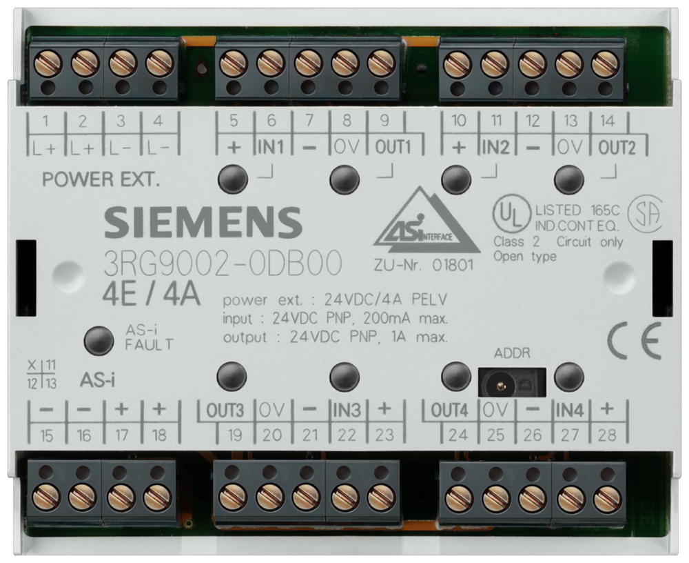 3RG9004-0DA00 Módulo AS-i F90, digital, 4E/4S, 2/3 conductores, IP20, 4 × 1 entradas., máx. 20