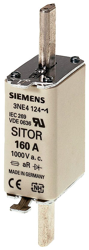 3NE4121 Cartucho fusible SITOR, con contactos de cuchilla, NH0, In: 100 A, aR, Un AC: 10