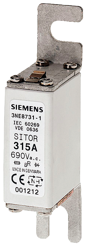 3NE8725-1 Cartucho fusible SITOR, con lengüetas para atornillar, NH000, In: 200 A, aR