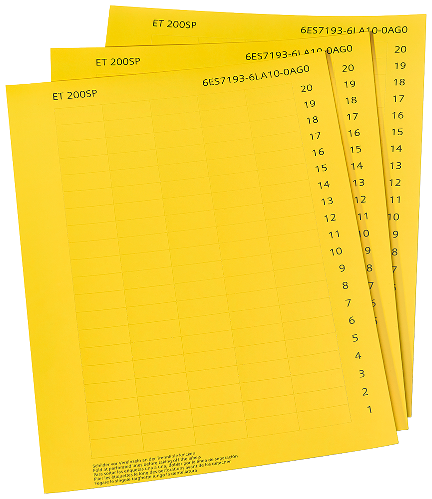 6ES7193-6LA10-0AG0 SIMATIC ET 200SP Tiras rotulables, papel amarillo 10 pliegos DIN A4 con 1 000 ti